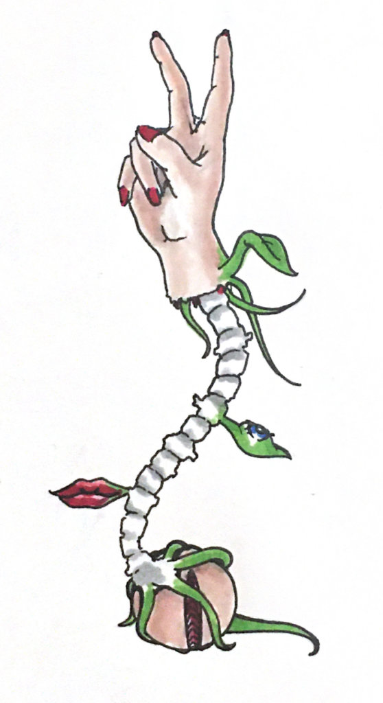 A drawing of a hand giving a peace sign which grows out of a sort of skeletal spine