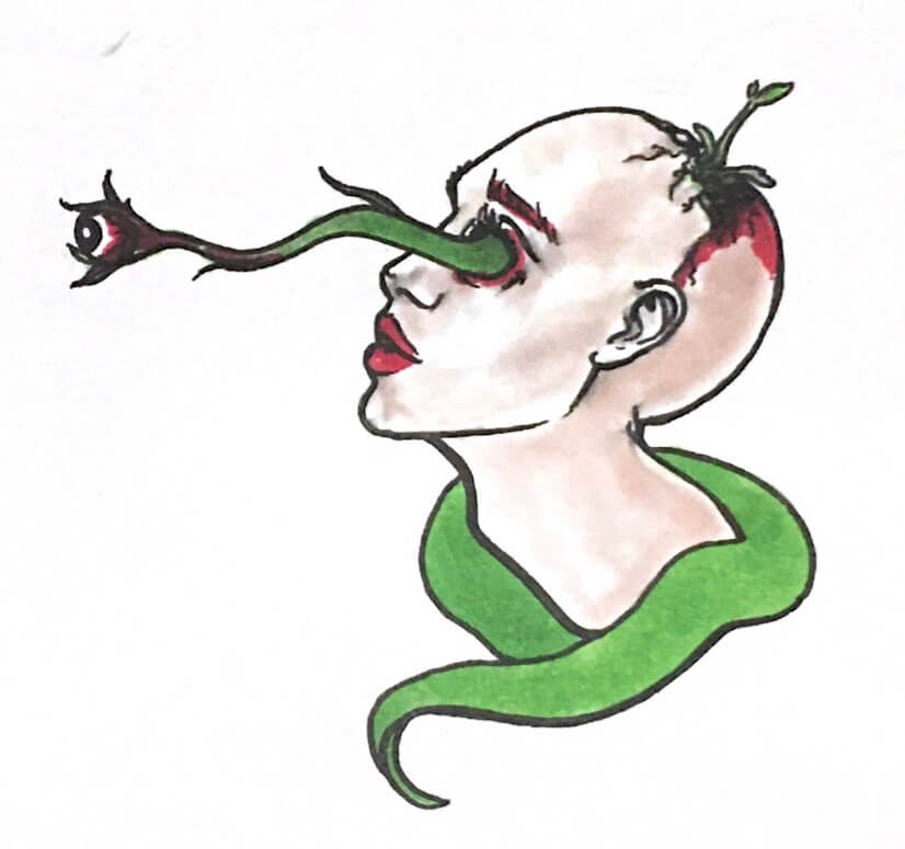 a drawing of a woman's head, vines pushing her eyeball out of its socket