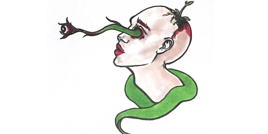 drawing of a head with a vine pushing its eyeball out
