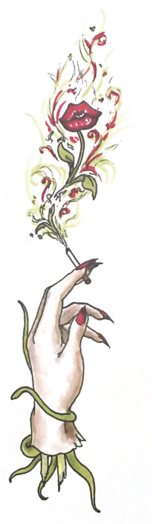 A drawing of a severed hands with a cigarette between its fingers, the smoke plumes forming leaves and a flower that resembles a pair of lips