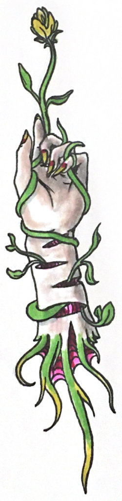 a drawing of a severed arm with several self-mutilation wounds - flowers, vines, and leaves grow from the wounds