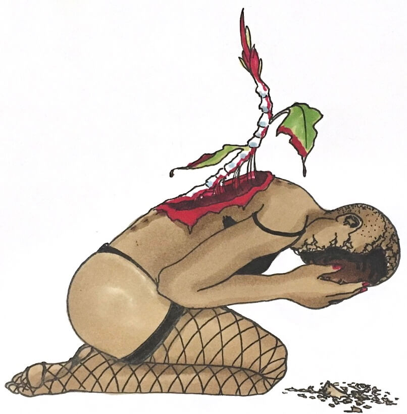 a drawing of a kneeling person, their face shattered to the ground and their spine separating from their body, a flower beginning to blossom