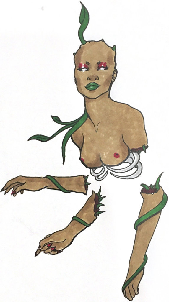 drawing of a woman with separated limbs, leaves and vines sprouting from where she was dismembered