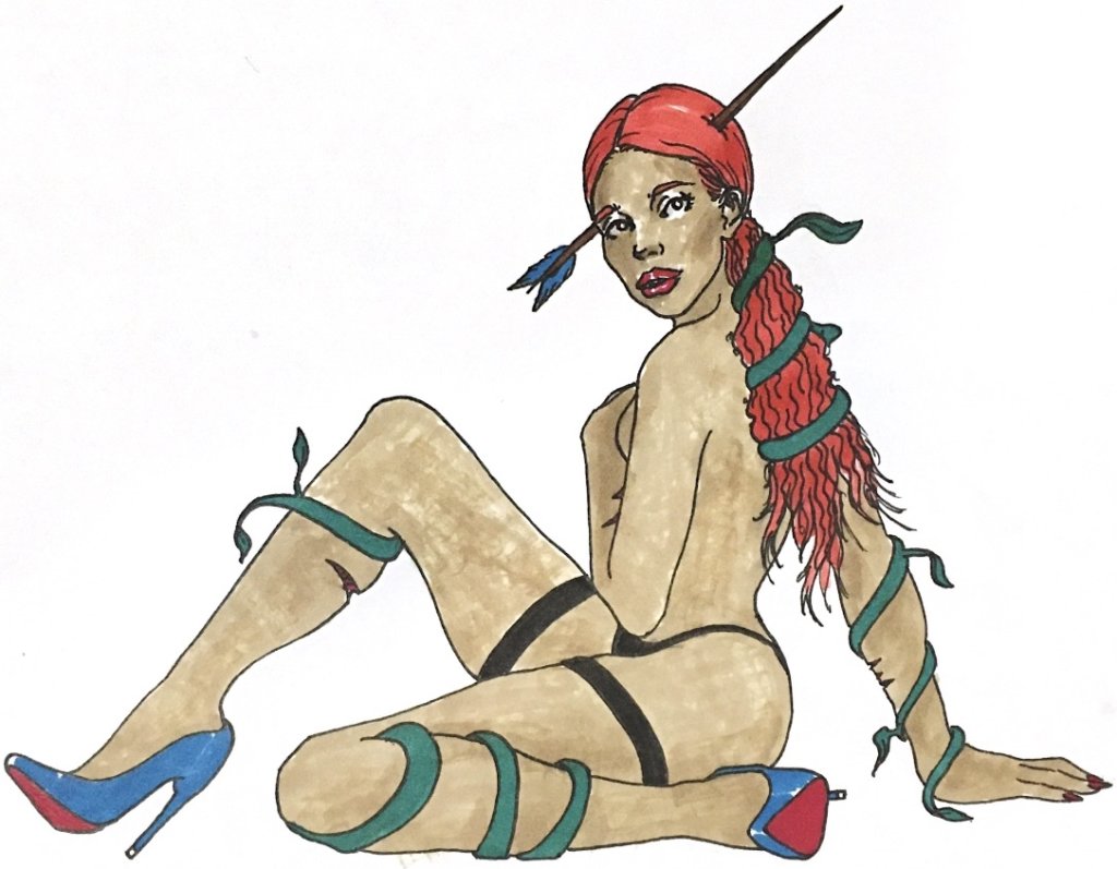 drawing of a near-nude woman in heels looking at the viewer - she has vines wrapped around her body and an arrow through her head