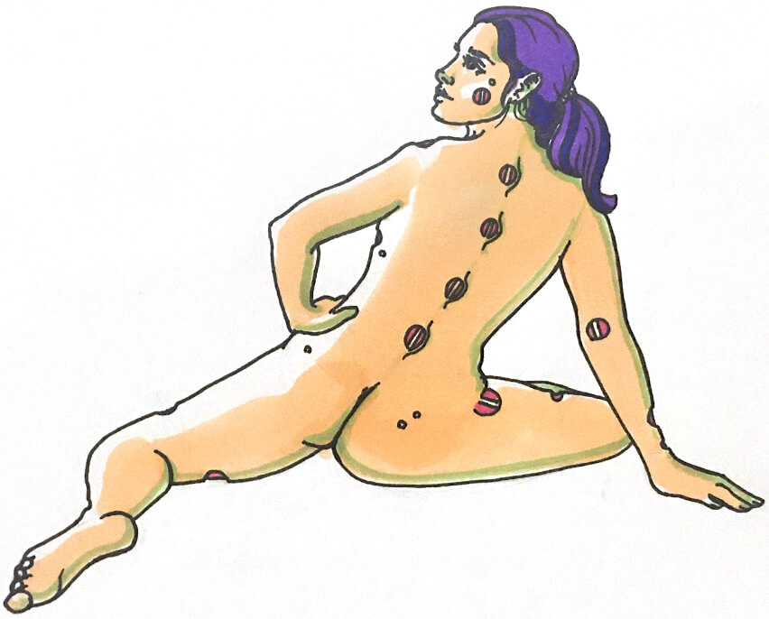 a drawing of a woman with her back to the viewer, strange discs running along her spine and limbs