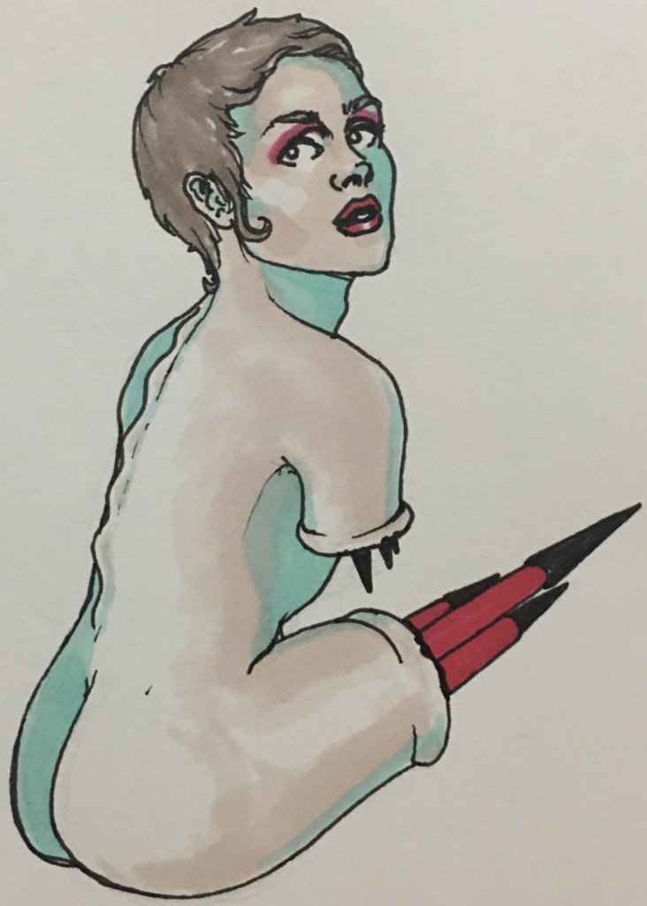 drawing of a limbless woman with rockets coming out of the stumps