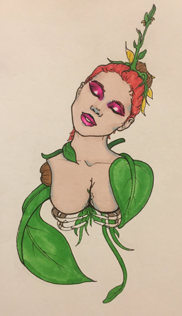 drawing of a woman with her ribs exposed, plant leaves surrounding her body