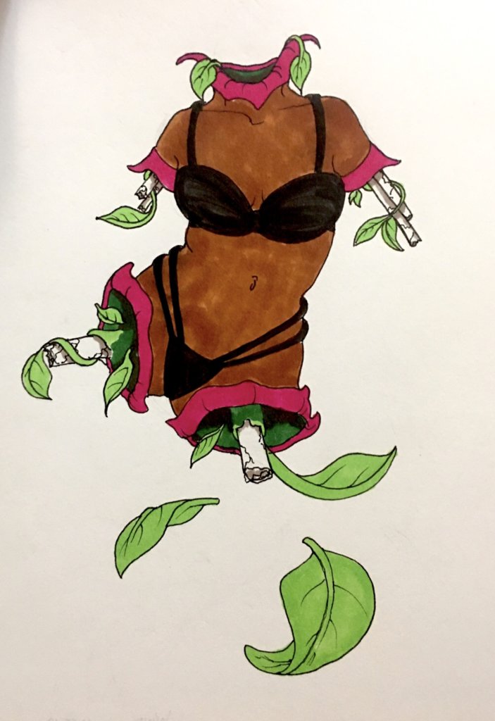 drawing of a plant woman - instead of limbs or a head, she has the lips of a pitcher plant, with bones sticking out, surrounded by plants