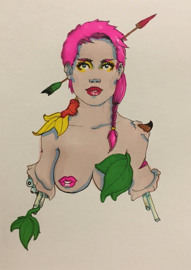 a drawing of a woman with an arrow through her head, plants surrounding her, and bones coming out of her limbs