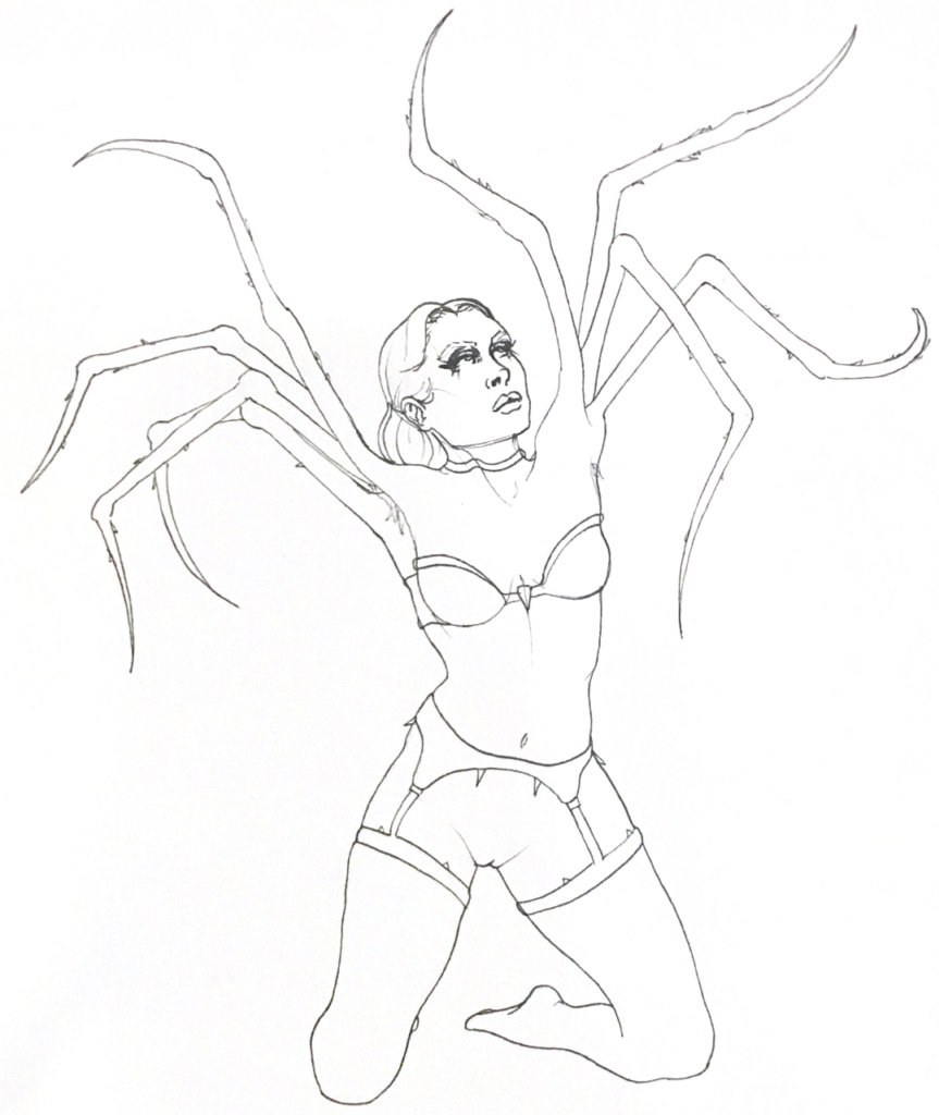 a drawing of a woman in only undergarments, spider legs for arms