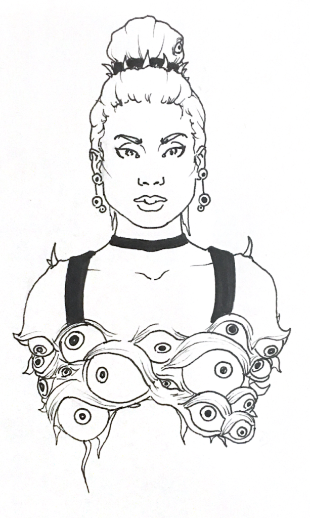 a drawing of a woman with eyeballs growing out of her chest