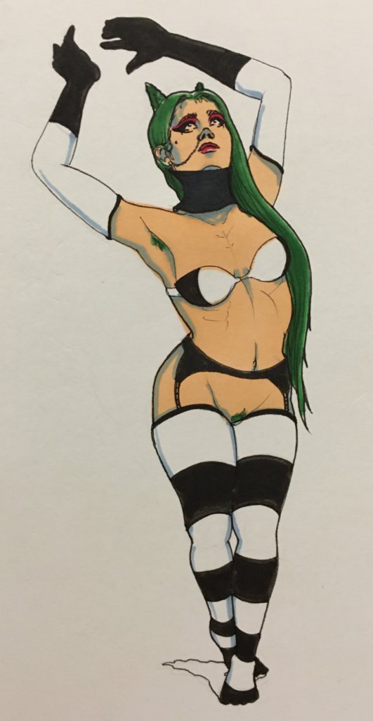 a woman with long, green hair dressed in striped clothing like beetlejuice