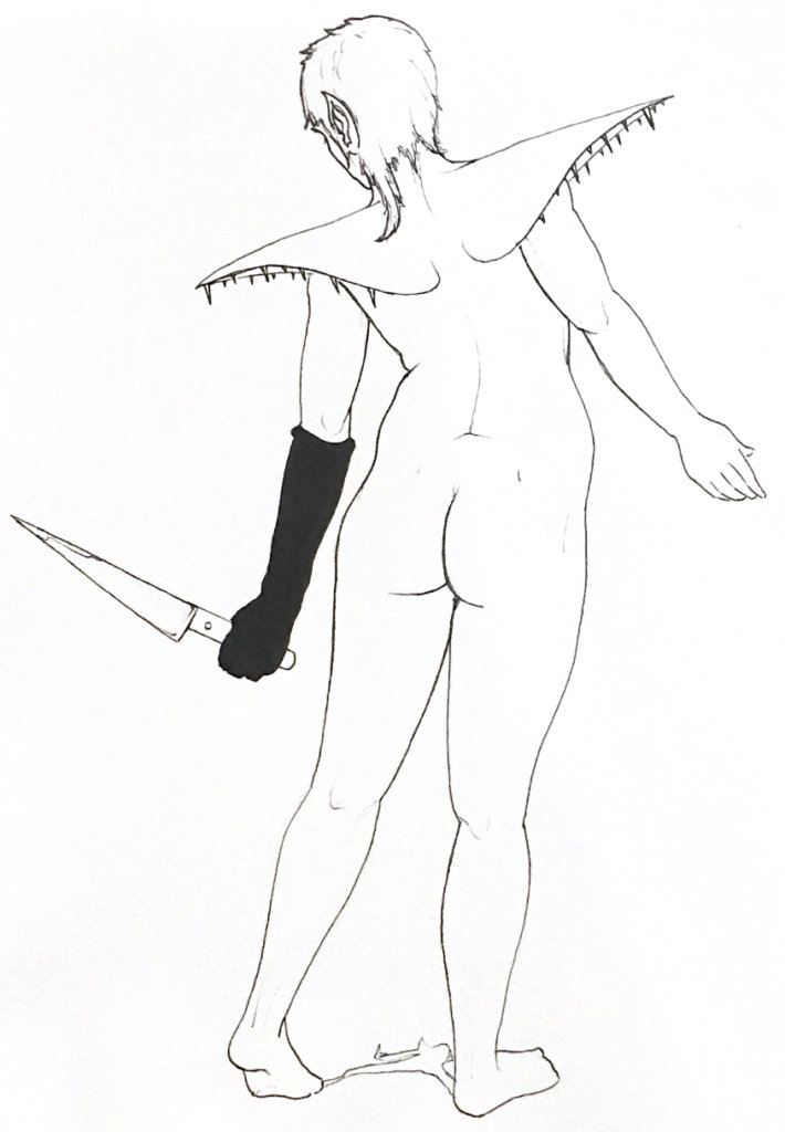 a drawing of a nude woman with her back to the viewer, holding a long butcher knife 