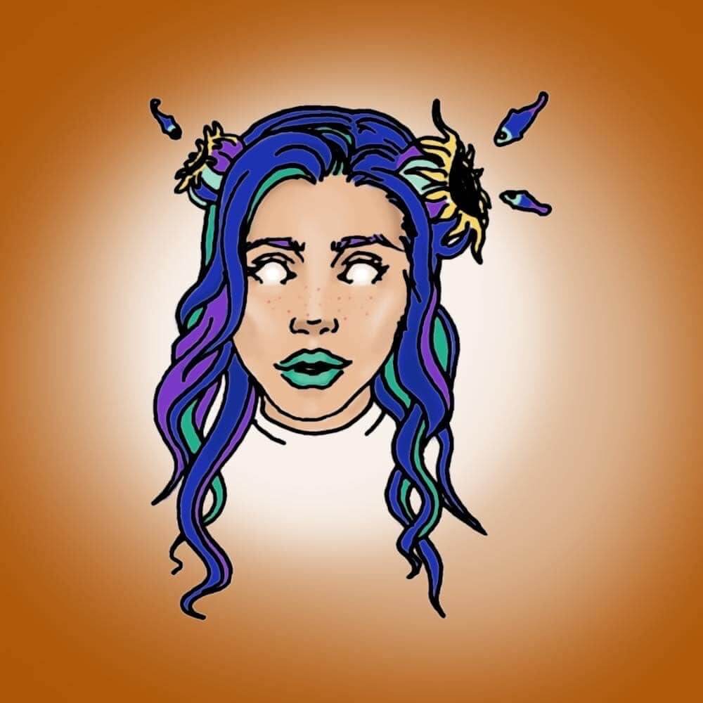 a drawing of the pisces zodiac - a woman with cool-colored hair and corals, with fish swimming around the corals