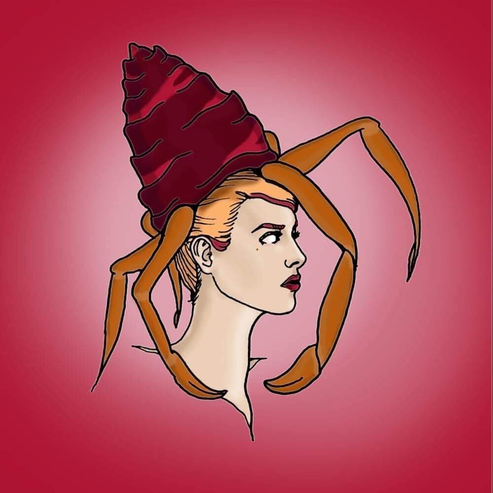 a drawing of the zodiac cancer - a woman with a crab shell atop her head