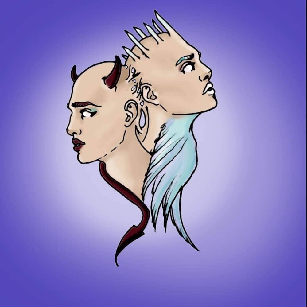drawing of the zodiac gemini - conjoinde twins, one with an angelic crown and wings, the other with horns and a tail