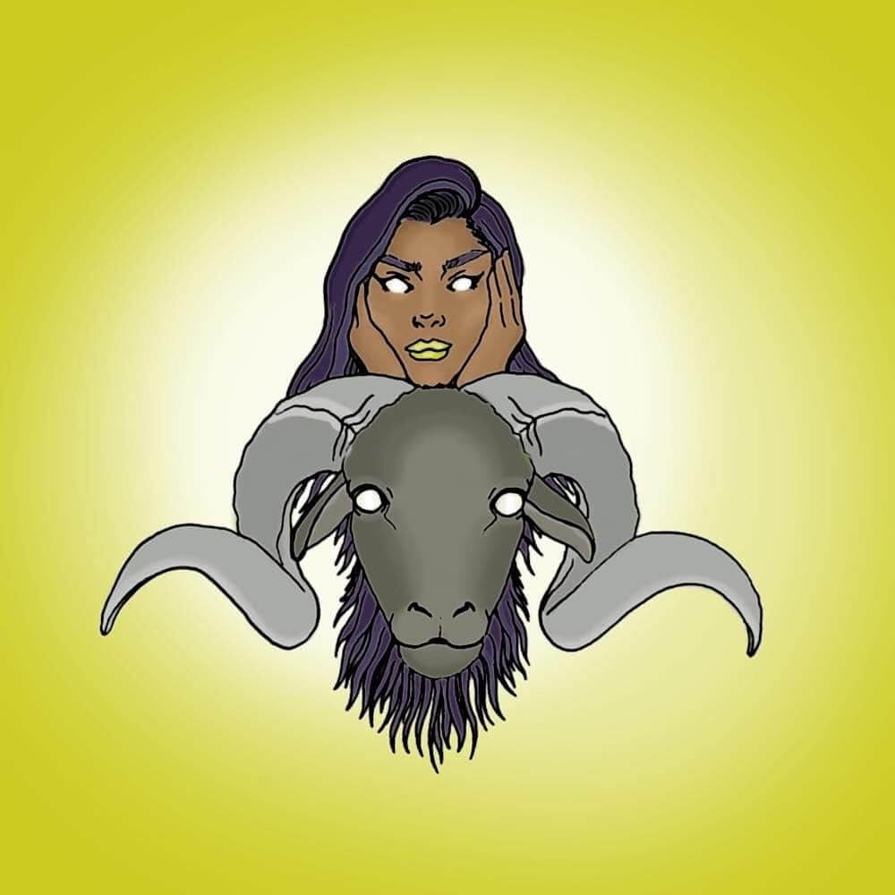 drawing of the zodiac sign aries, the ram - depicted is a woman atop a ram