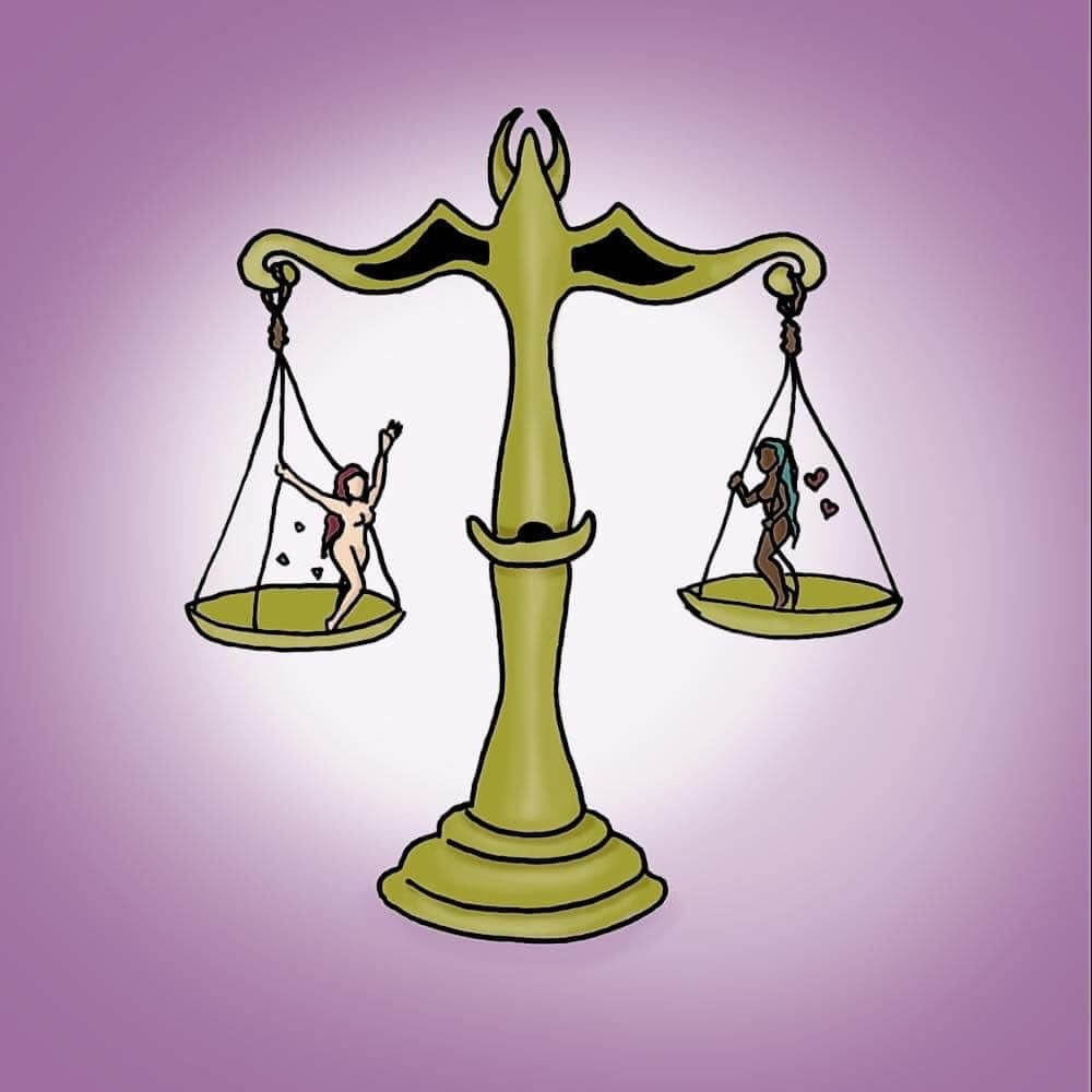 a drawing of libra zodiac - a scale holds two miniature women who wave to one another