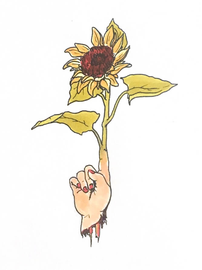 A drawing of a sunflower growing out of a finger