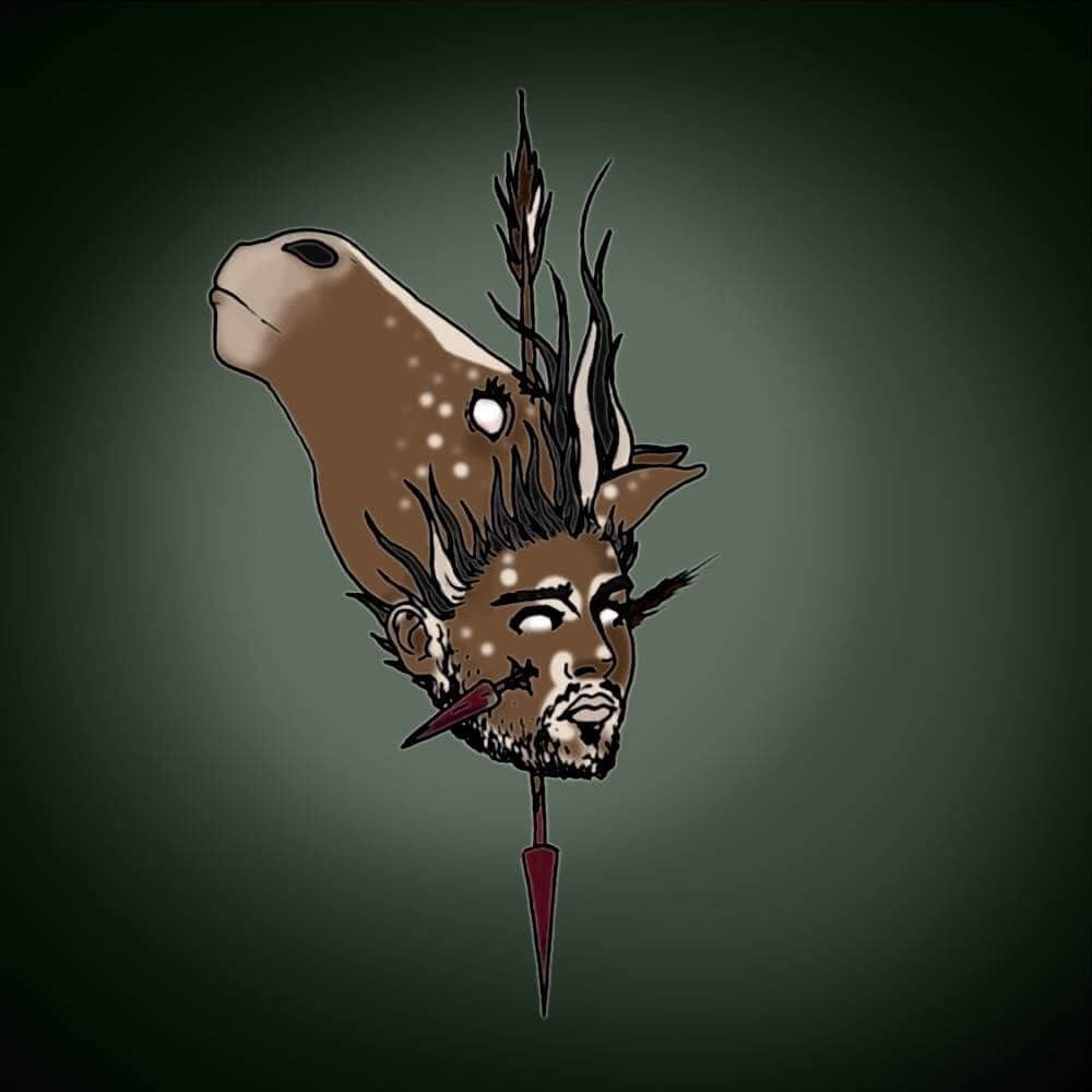 drawing of zodiac sagittarius - a man with vitiligo has his conjoined with a horse, an arrow going through their heads