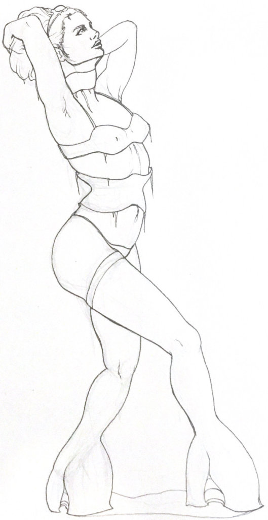 drawing of a scantily clad woman wearing what looks like alexander mcqueen claw shoes
