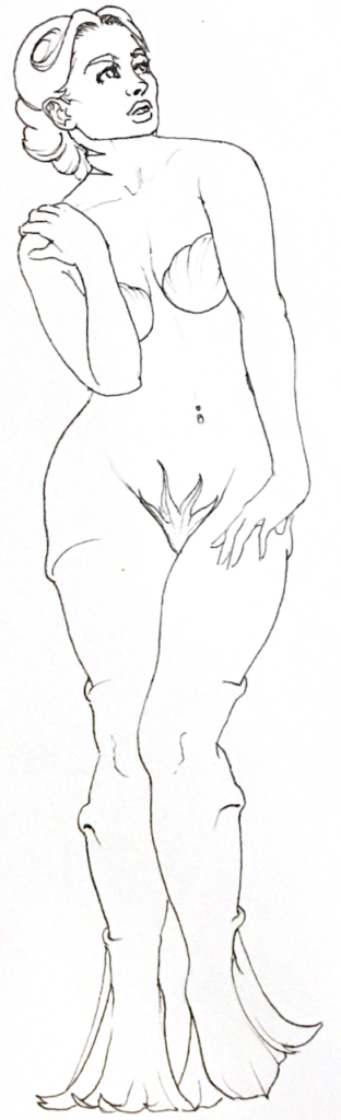 drawing of a mermaid on land, ribbed fins in place of legs