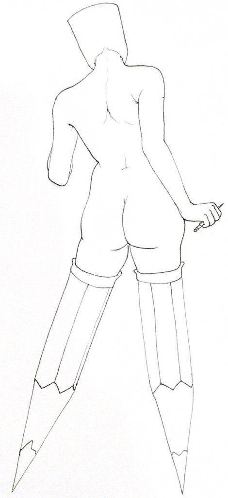a drawing of the backside of a woman with a pencil eraser for a head and pencils for legs
