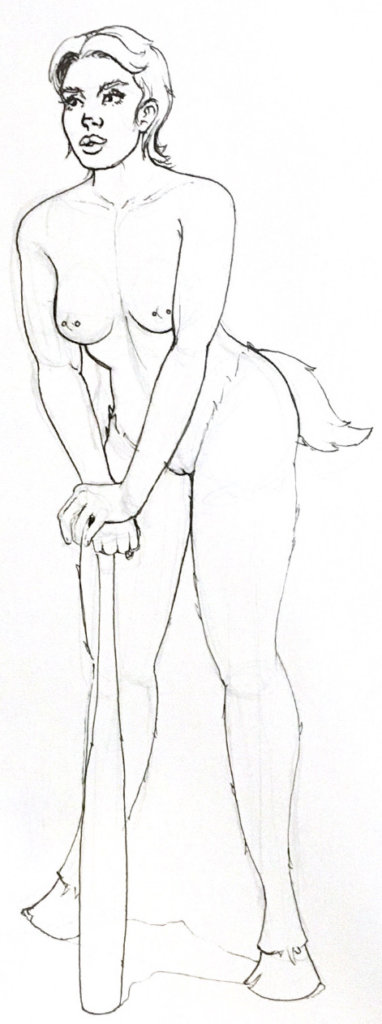 a black & white drawing of a fawn getting ready to play tennis