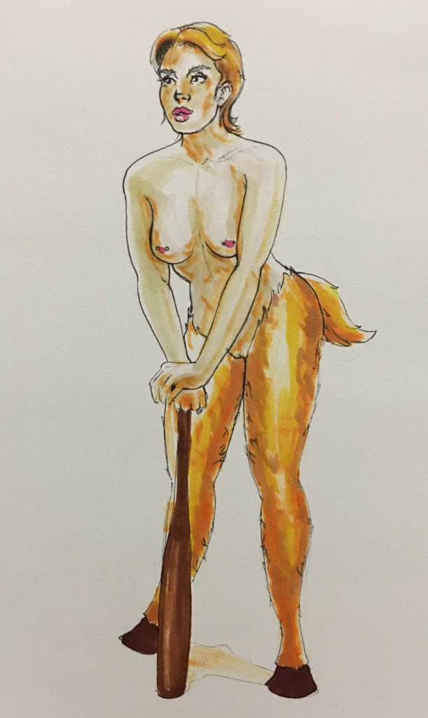 a color drawing of a fawn getting ready to play tennis