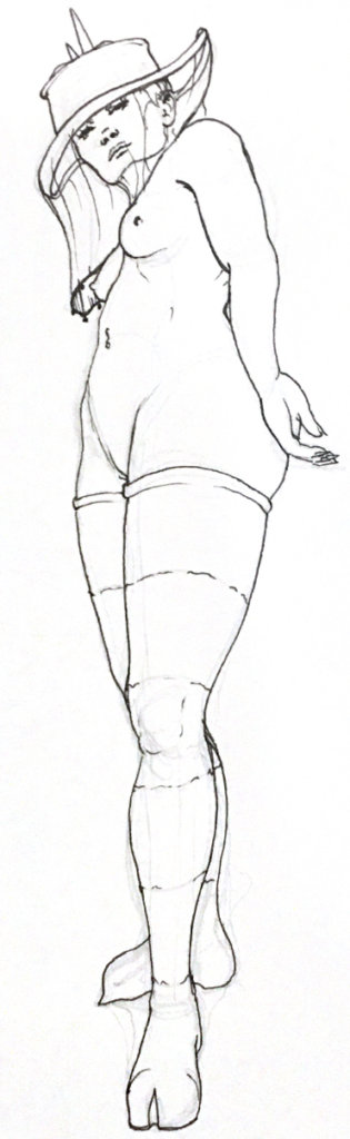 Black and white drawing of a half-woman, half-bee