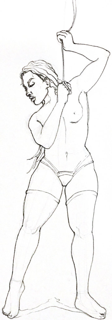 black & white drawing of a nearly nude woman pulling what looks like a rope