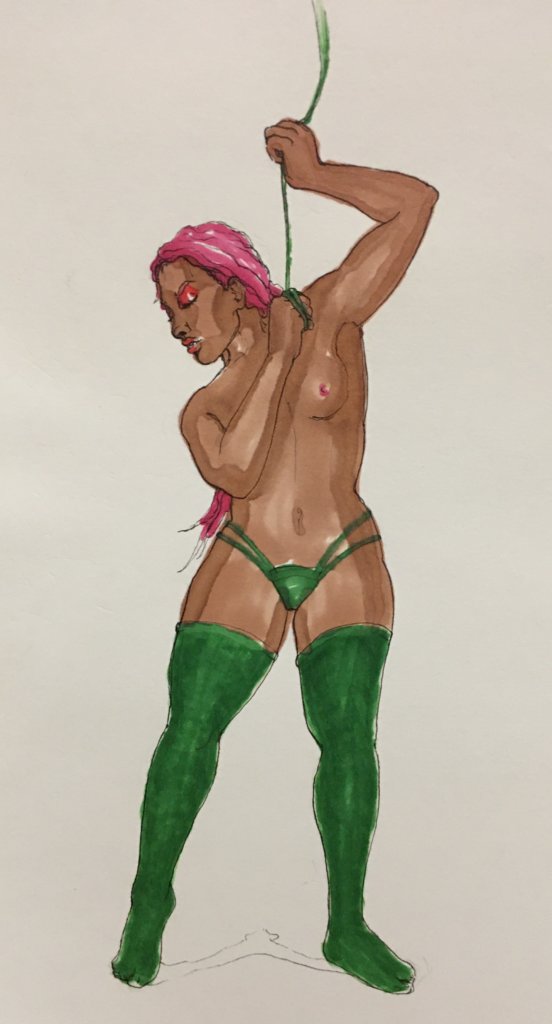 color drawing of a woman pulling what looks like a rope