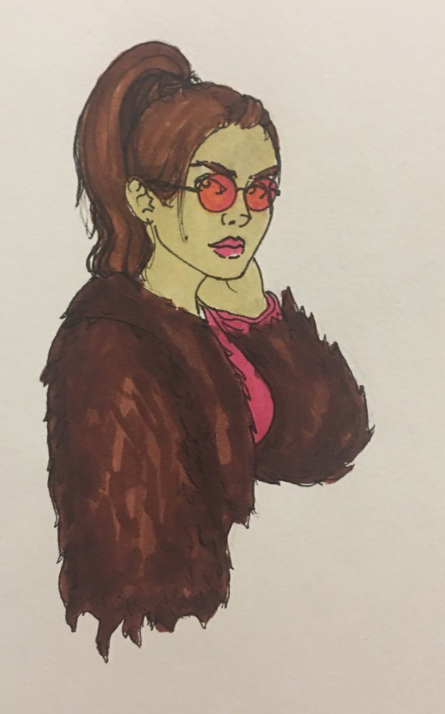 color drawing of a woman in a fur coat and sunglasses, looking at the viewer