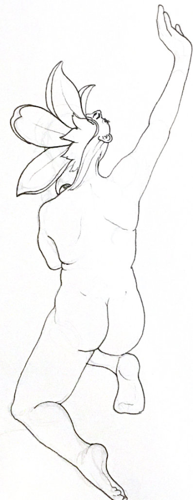 black and white drawing of the baside of a person, mouth stretched open and a giant flower growing out of the mouth