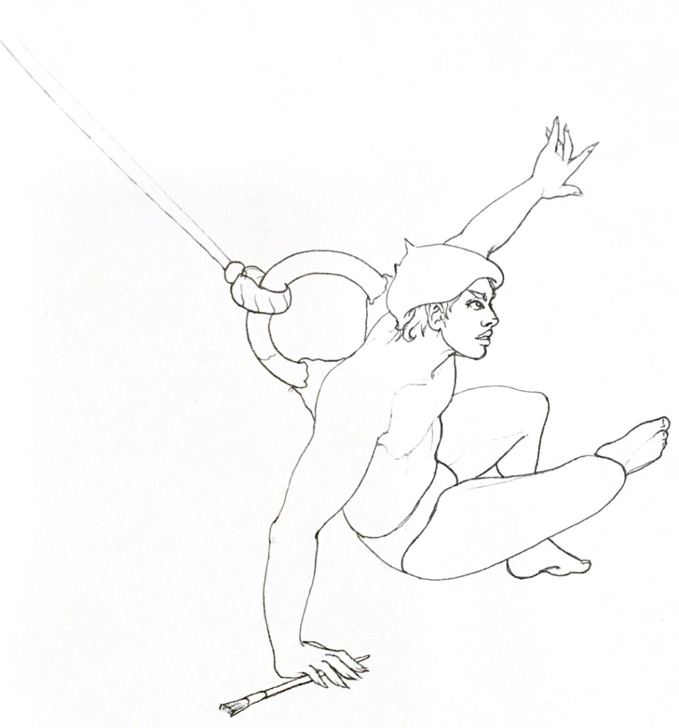 drawing of a man in underwear and a beret, suspended in the air by what looks like a giant piercing