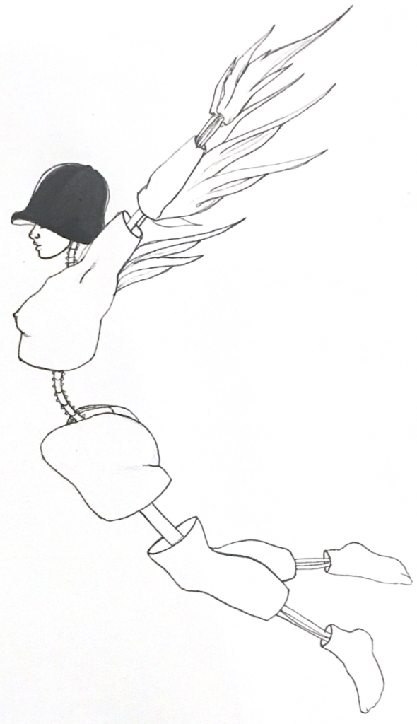 black & white drawing of a bionic woman with wings