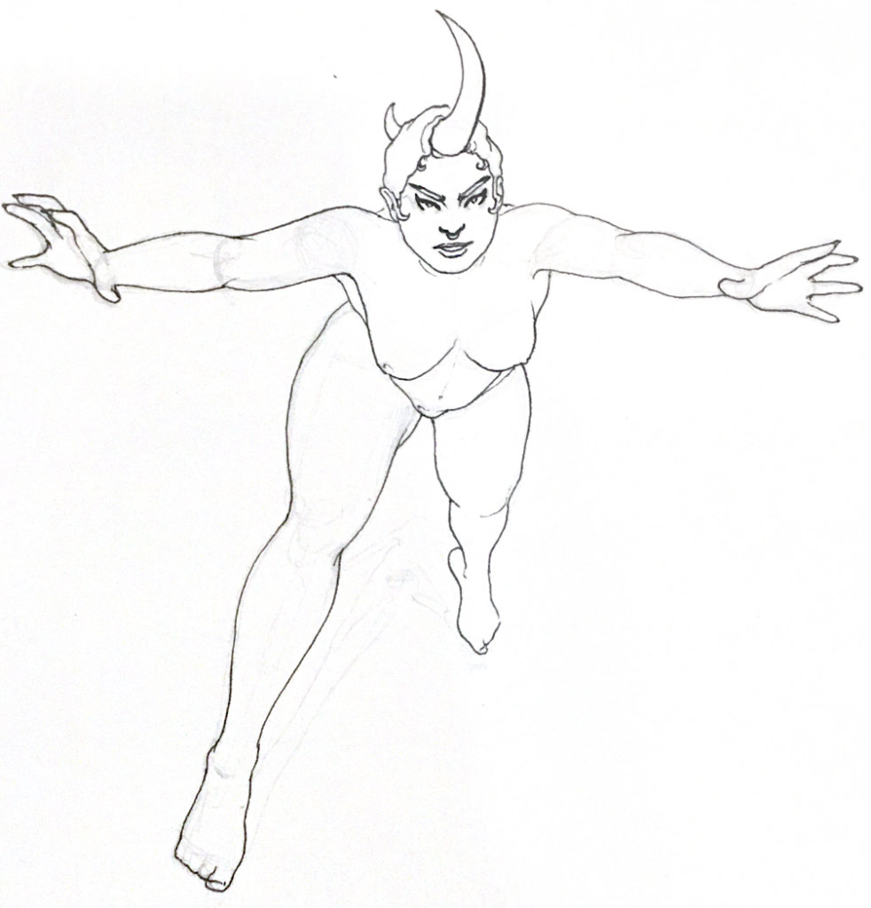 black and white drawing of a woman grasping towards the viewer, what looks like a hook stuck in her head