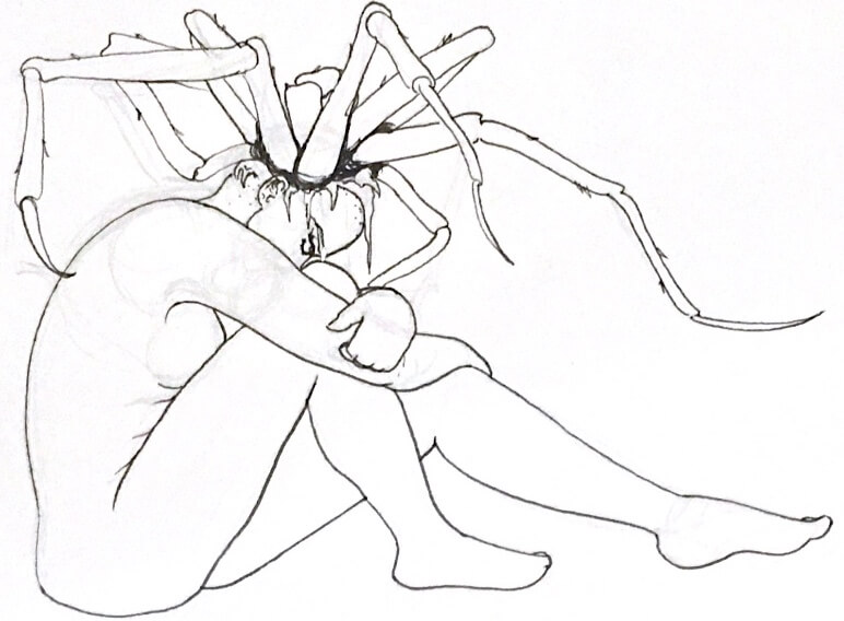 a black and white drawing of a woman sitting down, her head tucked into her knee, with a spider growing out of her skull