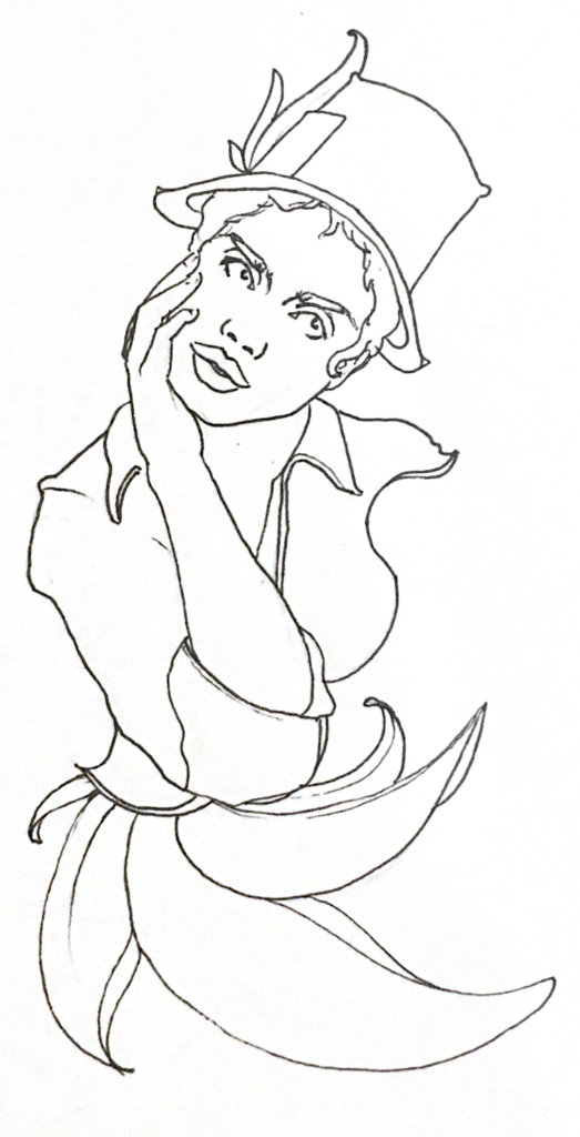 a black and white drawing of a mad hatter-esque woman with giant flower petals growing from underneath her chest