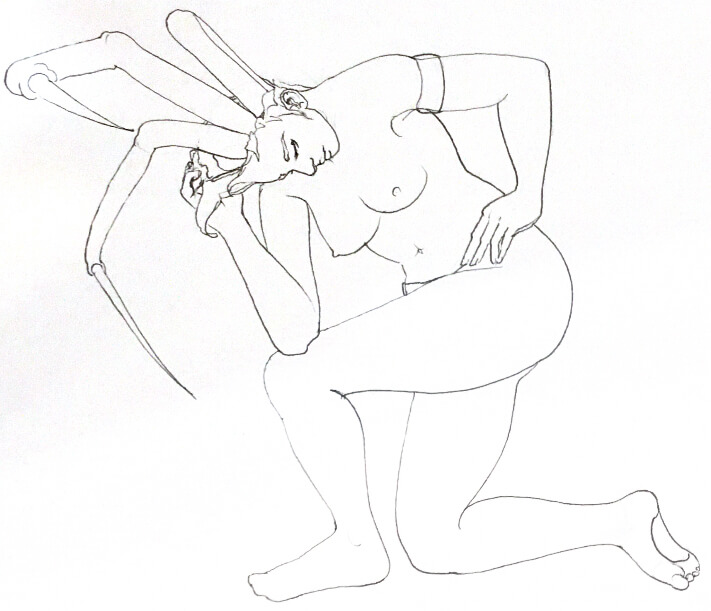 a black and white drawing of a kneeling woman with a spider growing out of her head