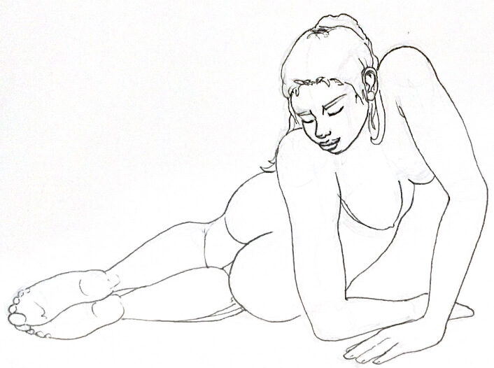black and white drawing of a nude woman laying down
