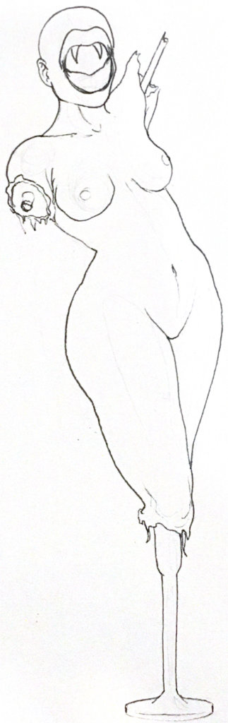 a black and white drawing of what looks like a half-woman, half-mannequin with lips and fangs instead of a regular face
