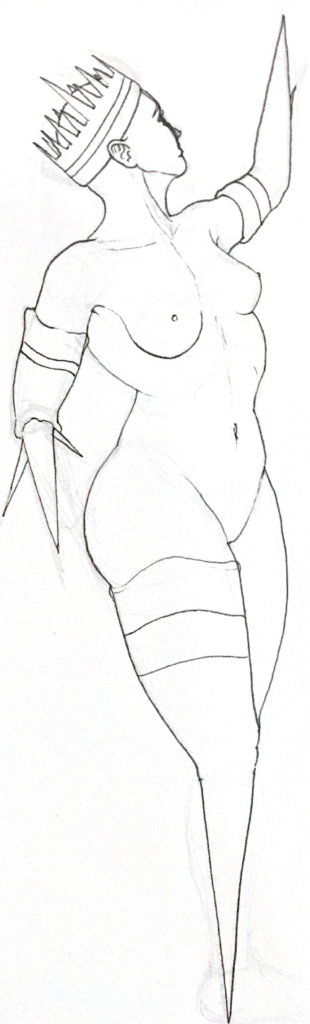 a black and white drawing of a nude woman with spikes for arms and legs