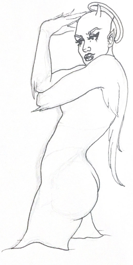 a black and white drawing of a half angel, half demon