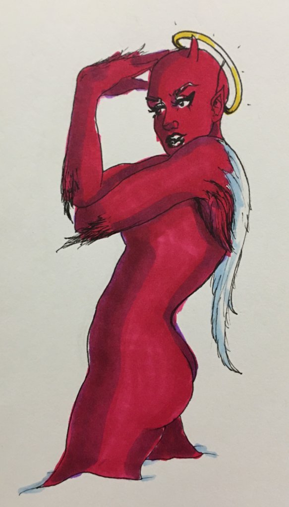 color drawing of a half angel, half demon