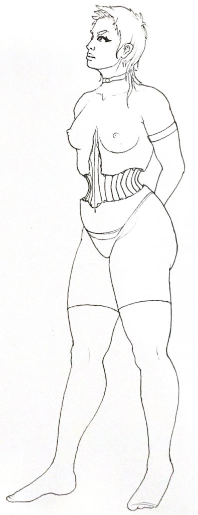a black and white drawing of a woman with her torso split open to reveal what looks like metal