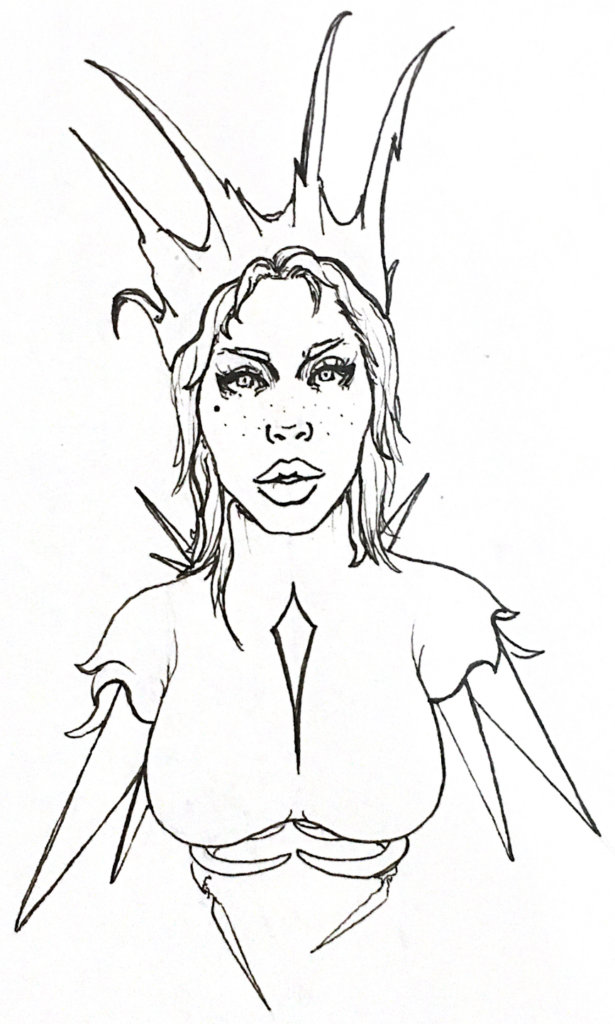 a black and white drawing of a woman with spikes sprouting from her shoulders, torso, and skull