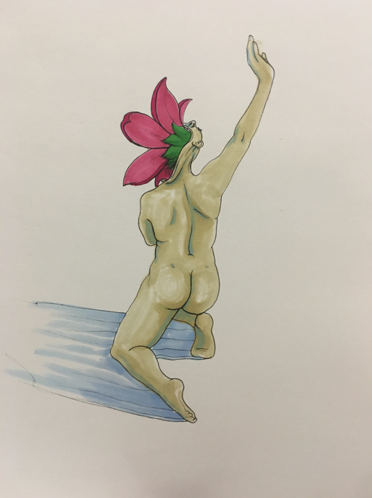 color drawing of the baside of a person, mouth stretched open and a giant flower growing out of the mouth