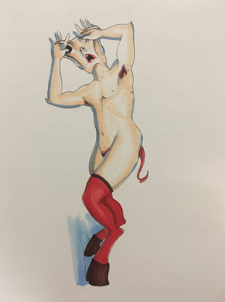 color drawing of a man with hooves for legs, stretching his eye sockets over his skull