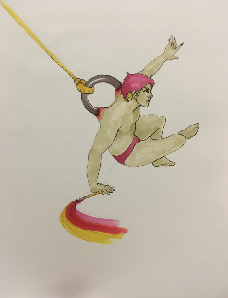color drawing of a man in underwear and a beret, suspended in the air by what looks like a giant piercing